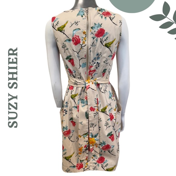 🛍️3/$40 Suzy Shier Sleeveless Floral Dress w Tie Waist Fitted Cream Print Small - Picture 3 of 8